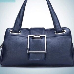 Womens Blue‎ Vegan Leather Tote Handbag with Long Strap